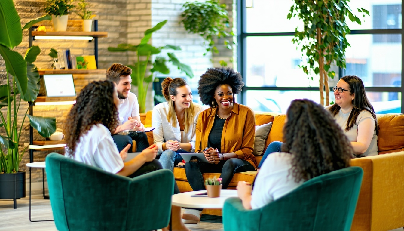 We envision a warm and welcoming image that encapsulates the spirit of our workplace showcasing a vibrant and collaborative atmosphere The scene could feature diverse team members engaged in lively discussions or creative brainstorming sessions surro-1